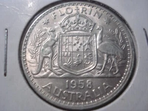 Australian 1958 Florin Coin Silver High Grade aUNC (TA04) - Picture 1 of 2