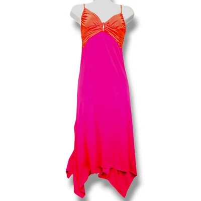 BCBGMAXAZRIA Halter Ring Bodice Cross Maxi Dress Size L Magenta Pink, Orange NWT - image 1 of 4