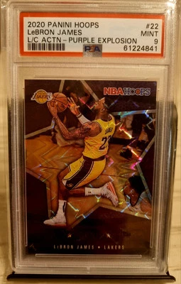#22 2020 Panini NBA Hoops Lebron James L/C ACTN -PURPLE EXPLOSION PSA Graded 9 - Image 1 of 2
