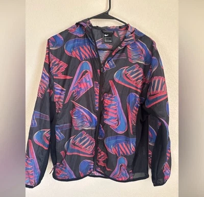 Nike Full Zip Windbreaker Jacket Black Multicolor Logo Print Hooded Size Large - Image 1 of 4