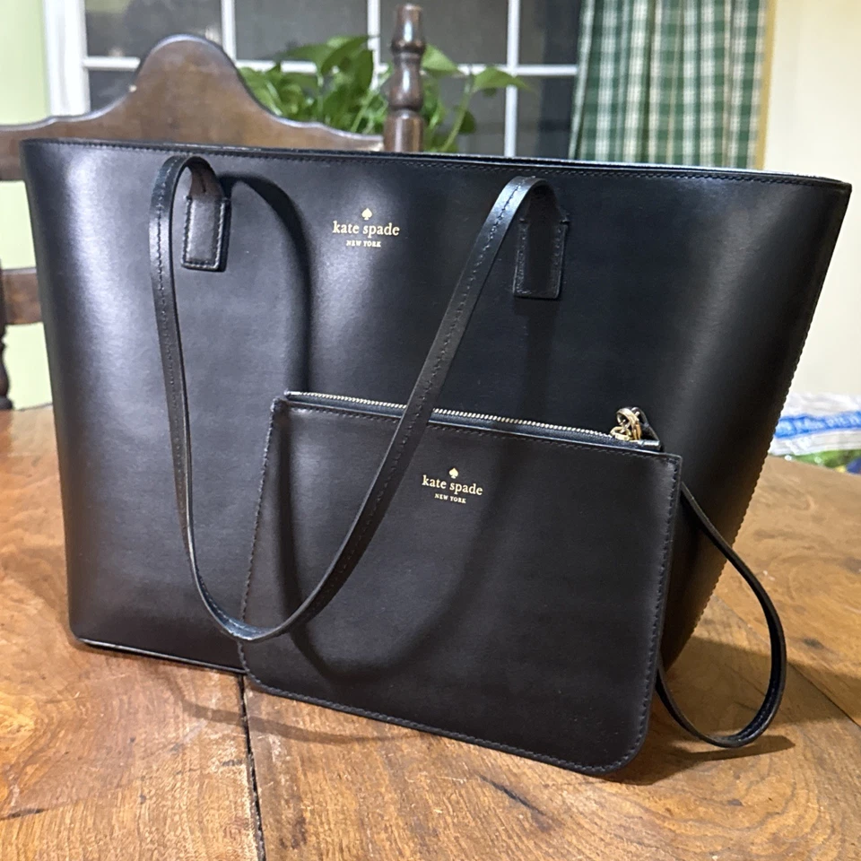 Kate Spade Harmony 光滑黑色皮革托特包 + 腕带钱包 WKRU4766 FS — 第 1/4 张图片