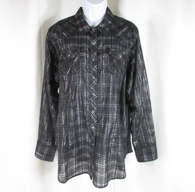 Camisa feminina Ariat Western XXL preta transparente bolsos frontais rodeio vaqueira - Imagem 1 de 4