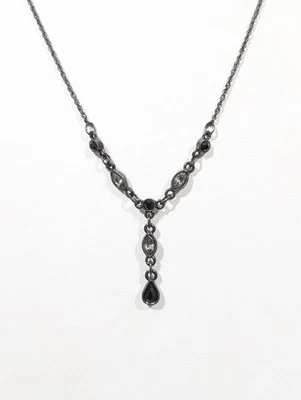 1928 Victorian Revival Gothic Crystal Y-Drop Black Gray Necklace 18 in - Image 1 of 4