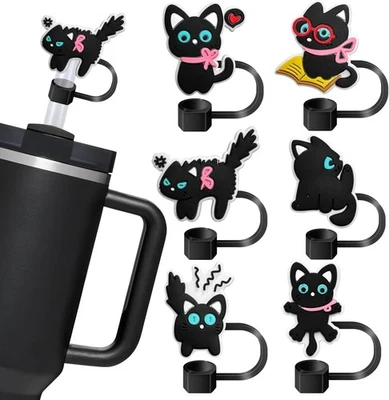 HIKKCOS 6PCS Black Cat Straw Covers Cap For Stanley Cup，Reusable Black Cat Stanley Cup