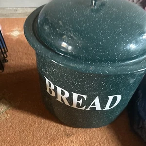 Large Round Green Metal Enamel Vintage Bread Bin, Lid and Side Handles VGC - Picture 1 of 4