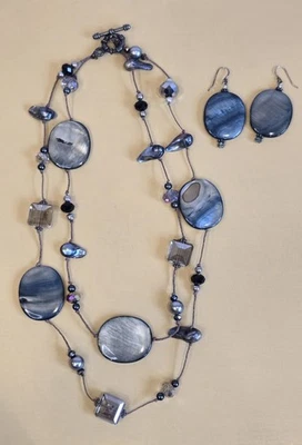 Juego de 2 piezas hecho a mano de lino con cable de vidrio de agua dulce azul abulón perla Foto 1 de 4