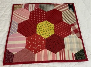Antique Vintage Patchwork Quilt Table Topper, Flower Garden, Early Calicos, Red - Picture 1 of 10