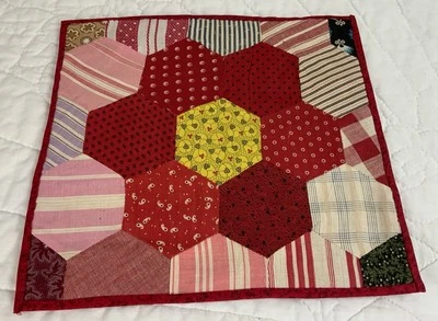Antique Vintage Patchwork Quilt Table Topper, Flower Garden, Early Calicos, Red - Image 1 of 4