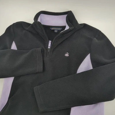 346 Brooks Brothers Womans Size Large 1/4 Zip Fleece Jacket Black Purple Pockets - Image 1 of 4