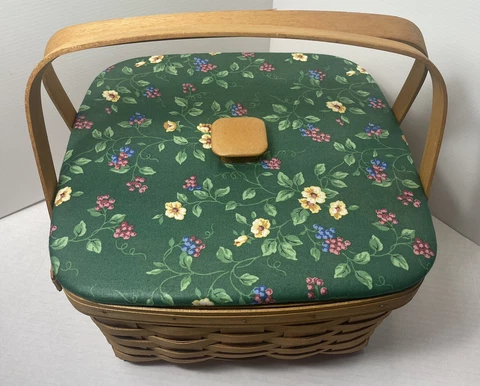 Longaberger Medium Picnic Basket with green floral fabric top 12” By 12” By 6” Cover
