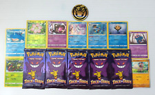 Lot of 9 cards, 5 trick or trade packs, holos, commons, reverses, pokemon coin