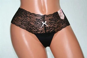 Black Sheer Floral Lace Waistband Cheeky/Boyshort with Shiny Ivory Bow Size S - Picture 1 of 2
