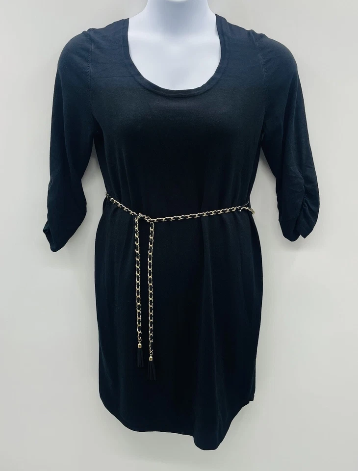 NY Collection Womens Size Large 3/4 Sleeve Sweater Dress with Chain Belt Black - Image 1 of 4