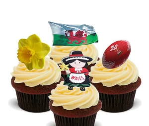 Wales Edible Stand-up Fairy Cup Cake Toppers - Eurovision Welsh Flag Decorations - Picture 1 of 4