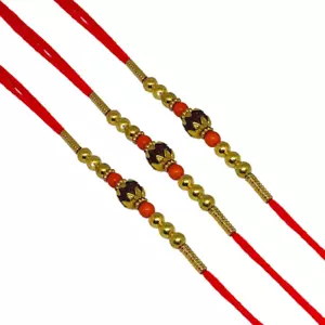 Rudraksha Rakhi with Golden and Orange Beads - Pack of 3 for Brothers - Picture 1 of 6