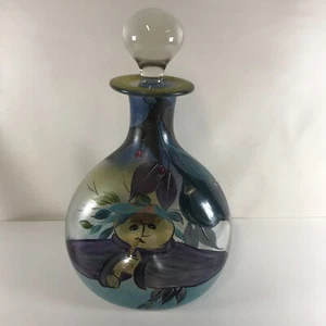 Hand Blown / Painted Glass Pinched Decanter With Stopper Signed By Artist 10” - Picture 1 of 8