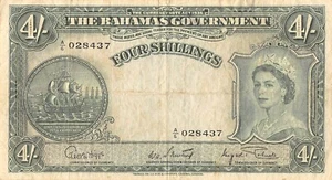 Bahamas  4/-  ND. 1953   P13   Series  A/6  Que. II  Circulated Check  XVI - Picture 1 of 2
