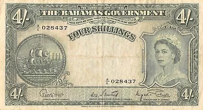Bahamas  4/-  ND. 1953   P13   Series  A/6  Que. II  Circulated Check  XVI - Image 1 of 2