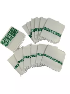 Vintage Linen 12 Napkins 1 Hand Towel Green Embroidered Fringe Lot Christmas - Picture 1 of 10