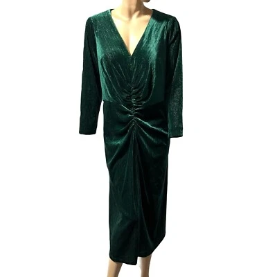 Maggy London Green Velvet Midi Dress Size 16 W Metallic Sparkle Ruched Front NWT - Image 1 of 4