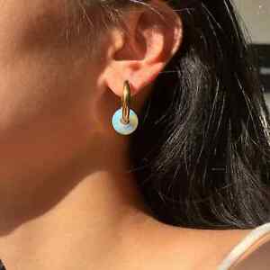 Round Opal Hoop Earrings White Stone Cute Huggie 18k Gold Plated Stainless Steel