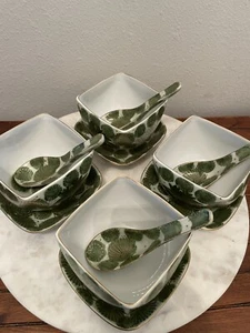 Fujita Kutani Japan Vintage 12 Piece Soup Bowl Saucer Spoon Set Green/Gold - Picture 1 of 12