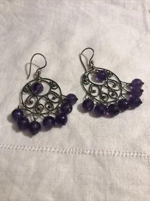 Orecchini Metallo Argentato E Simil Ametista - Immagine 1 di 4