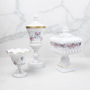 VTG Westmoreland Milk Glass Wedding Bride Box Painted Compote Lid Dish Candy Set - Picture 1 of 18