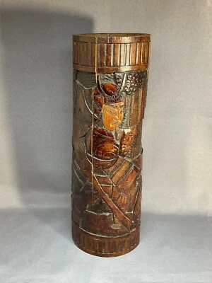 ANCIEN POT À PINCEAUX OU VASE BAMBOU SCULPTÉ , ART ASIATIQUE , SAMOURAÏ - Photo 1/4