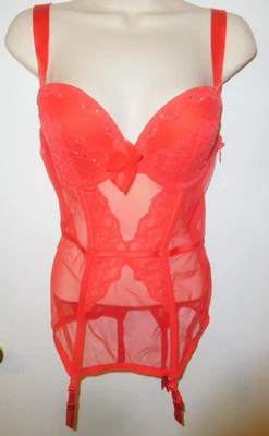 Excelente estado usado! Espartilho de strass Victoria's Secret malha vermelha e renda com ligas 36D - Imagem 1 de 4