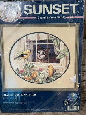 Sunset Dimensions Cat Yellow Birds Counted Cross Stitch Kit Charming Birdwatcher - Image 1 of 4
