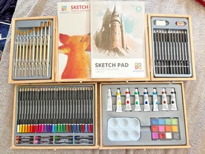 oth-Wooden Art Travel Box-85 ITEMS,sketch books,Pencils,Acrylic&Watercolo14X10" - Picture 1 of 8