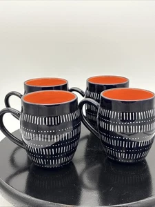 Set of 4 Baum Brothers TANGIER Navy Blue/Orange MCM Barrel Mugs Cs7 - Picture 1 of 9