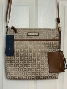 Tommy Hilfiger Canvas Brown Tan Logo Crossbody Messenger Bag Purse W/ Pouch NWT - Picture 1 of 11