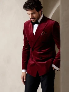 Burgundy Velvet Men Suit Peak Lapel Double Breasted Evening Party Wedding Groom - Picture 1 of 4