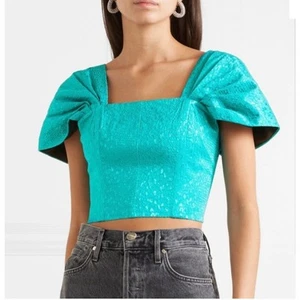 Rotate Birger Christensen Petra Crop Top Size 8 Teal Jacquard Draped Sleeves - Picture 1 of 14
