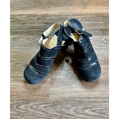 Vintage 1970s Faux Black Suede & Patent Leather Clogs Sling Back AS IS - Image 1 of 4