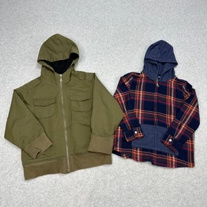 Gap Kids Bundle of 2 Jacket Kids S (6/7) Blue Plaid Olive Green Full Zip Hooded - Picture 1 of 12