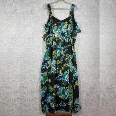 NWT Adrianna Papell Tropical Print Burnout Maxi Dress Sz 14 Black Floral Ruffle - Image 1 of 4