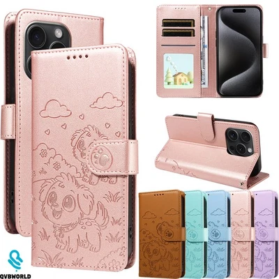For iPhone 17 16 16E 15 14 13 12 11 8 XS XR Case Dog Pattern Wallet Phone Cover - Image 1 of 4