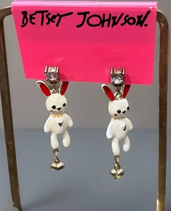 Betsey Johnson Drop Earrings w/ White Bunny Rabbit Dangle Heart Crystals - Picture 1 of 8