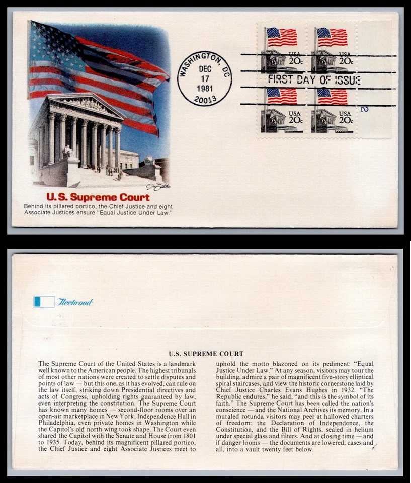 US FDC # 1894 20c Flag over Court  Fleetwood Plate Block 2 Right 1981, 9Q1205 - Image 1 of 1