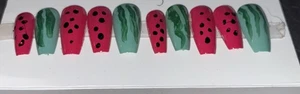 Handmade Watermelon Press On Nails kit glue on pink green seeds cute Coffin - Picture 1 of 1