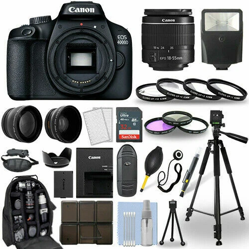 Canon EOS 4000D/Rebel T100 SLR Camera with 18-55mm Lens - 30 Piece Accessory Bundle