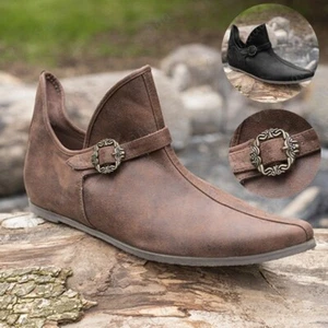 Medieval Renaissance Cosplay PU Leather Ankle Boots Middle Ages Larp Shoes - Picture 1 of 19