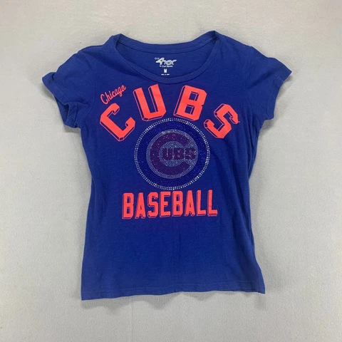 Chicago Cubs Shirt Womens Medium Blue MLB Baseball Logo Rhinestone Athletic Team Cover