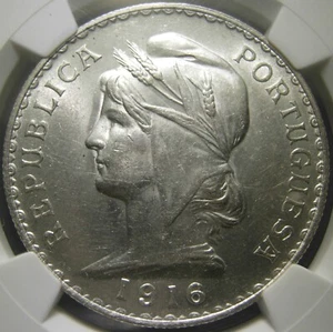 Portugal, 1 Escudo 1916 Silver, Certified NGC MS 61 - Picture 1 of 4