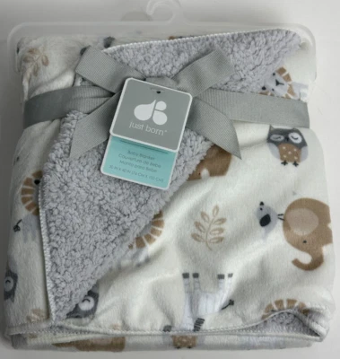 NWT Just Born Cream Gray Beige Tan Owl Lion Elephant Zebra Sherpa Baby Blanket - Image 1 of 4