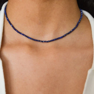 Lapis Lazuli 3mm Tiny Beaded Choker Healing Dainty Women Crystal Necklace Gifts - Image 1 of 4