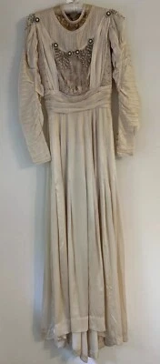 Antiguo Vestido Eduardiano c 1890 Seda Satén Encaje Victoriano Boda Foto 1 de 4